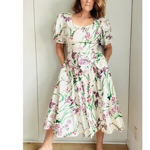 Vintage 90s Floral Print Dress Tea Length Pastels Big Bow Modern Size M-8-10